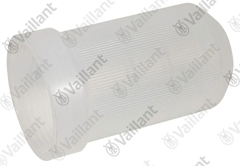 Transparentes Siphon-Unterteil von Vaillant mit gerillter Oberfläche, geeignet für die Installation in sanitärtechnischen Anwendungen.